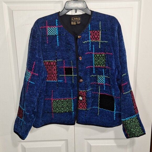 Vintage Allure chenille patchwork sweater jacket - L - blue/black - Picture 1 of 6